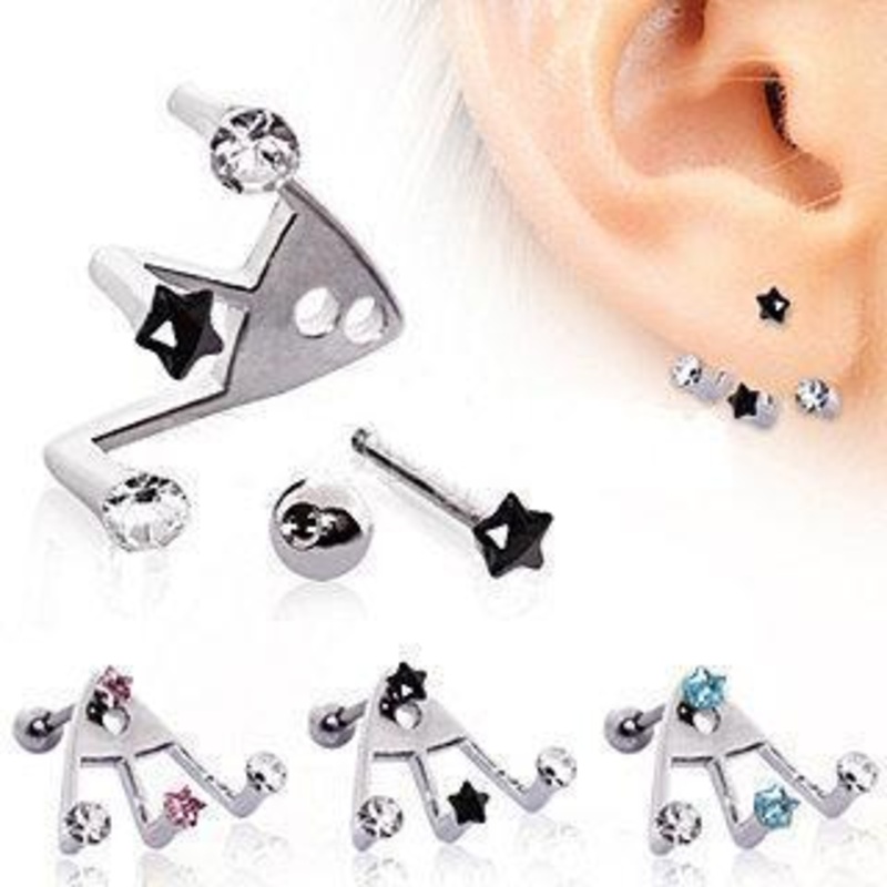 Trident Triple Star Round CZ Cartilage Earring – 1 Piece 16G (1.2mm) Length: 1/4″ (6mm) Clear/Black