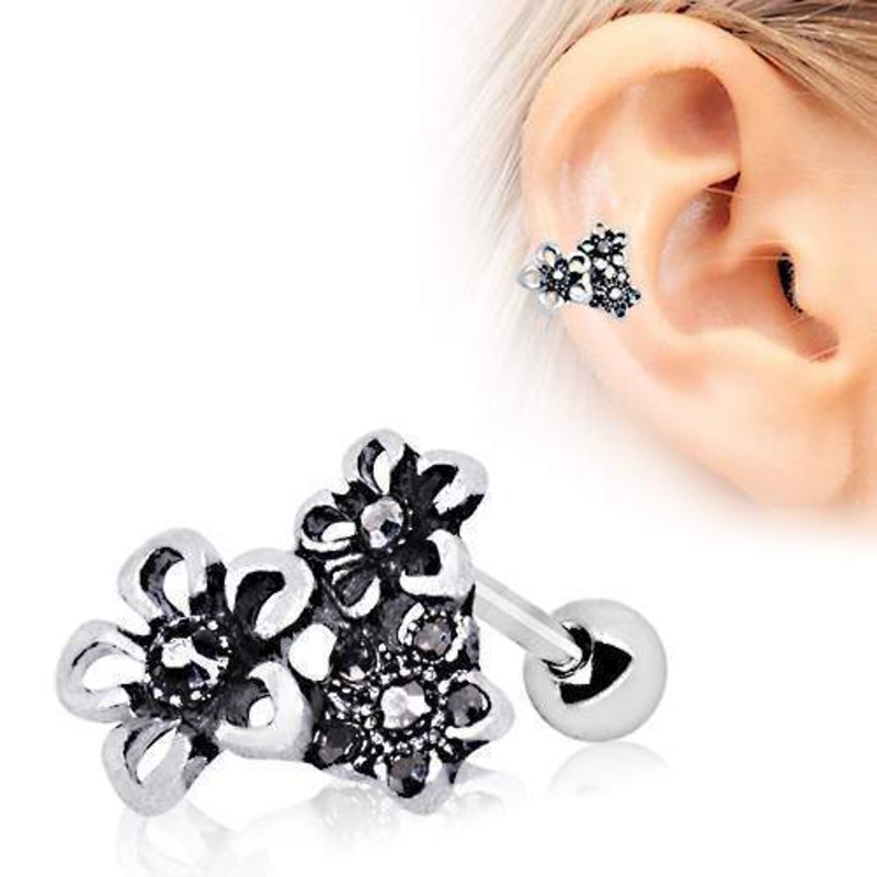 Triple Accented Flower Cartilage Barbell Earring – 1 Piece 16G (1.2mm) Length: 1/4″ (6mm) | Ball-Size: 4mm Black