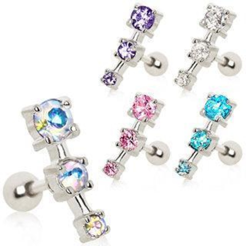 Triple CZ Droplet Cartilage Barbell Earring – 1 Piece 16G (1.2mm) Length: 1/4″ (6mm) | Ball-Size: 4mm Aqua