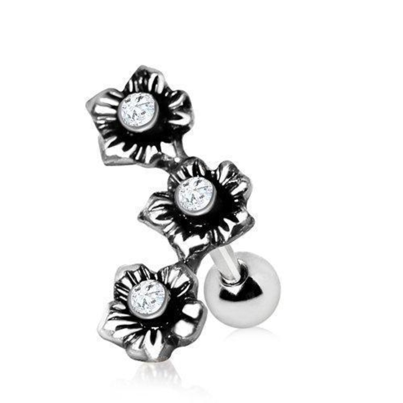 Triple Flower Cartilage Barbell Earring – 1 Piece 16G (1.2mm) Length: 1/4″ (6mm) Clear