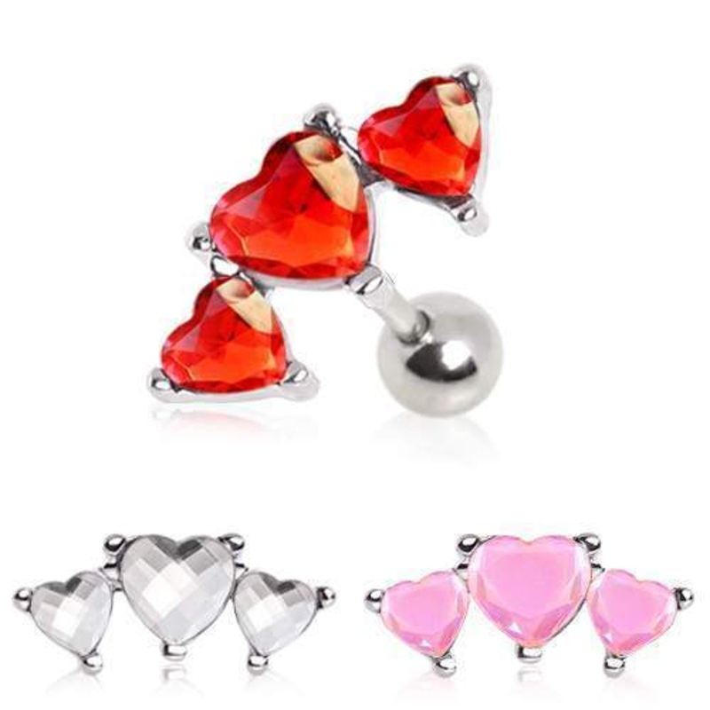 Triple Heart Cartilage Barbell Earring – 1 Piece 16G (1.2mm) Length: 1/4″ (6mm) Clear