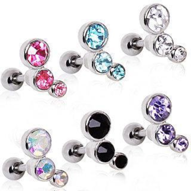Triple Round CZ Cartilage Barbell Earring – 1 Piece 16G (1.2mm) Length: 1/4″ (6mm) | Ball-Size: 4x3x2mm Aqua