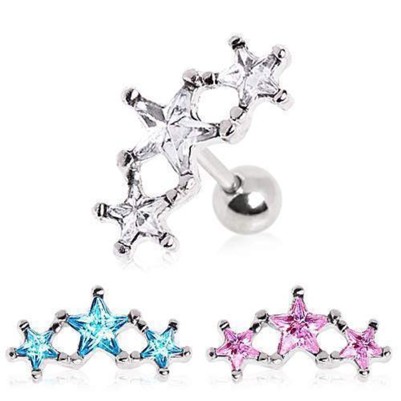 Triple Star Cartilage Barbell Earring – 1 Piece 16G (1.2mm) Length: 1/4″ (6mm) Aqua