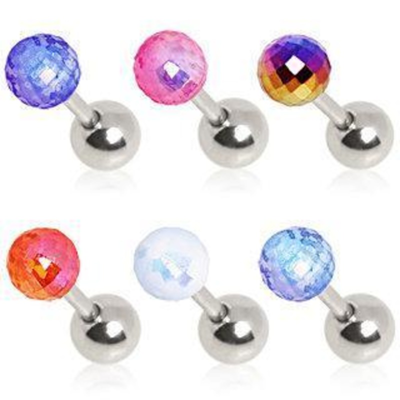UV Acrylic Aurora Disco Ball Cartilage Barbell Earring – 1 Piece 16G (1.2mm) Length: 1/4″ (6mm) | Ball-Size: 4mm Blue
