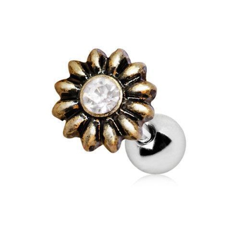 Vintage Gold Plated Flower Cartilage Barbell Earring – 1 Piece 16G (1.2mm) Length: 1/4″ (6mm) | Ball-Size: 4mm Clear