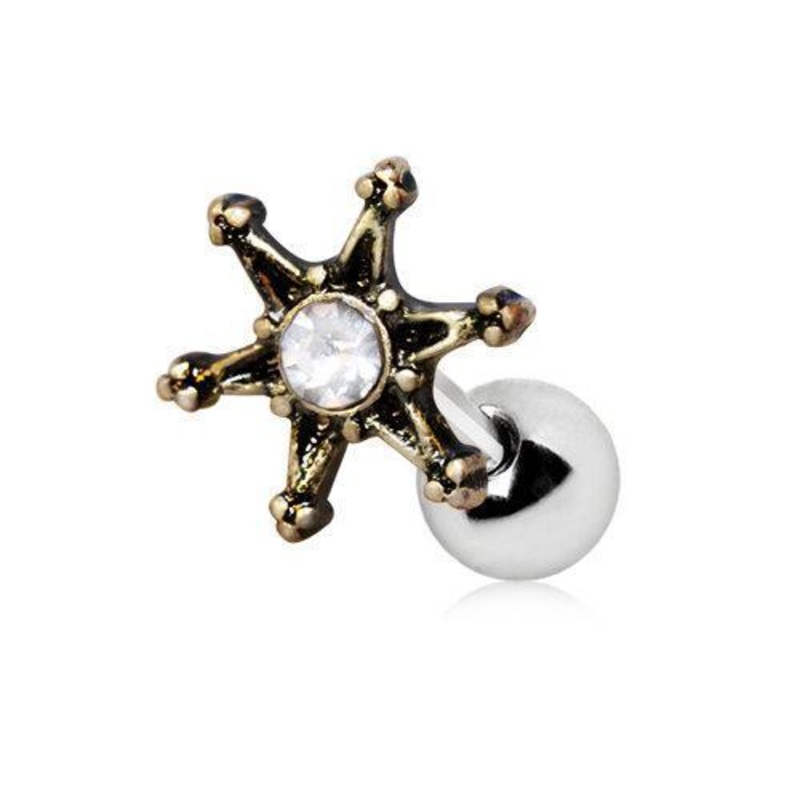 Vintage Gold Plated Star Cartilage Barbell Earring – 1 Piece 16G (1.2mm) Length: 1/4″ (6mm) | Ball-Size: 4mm Clear