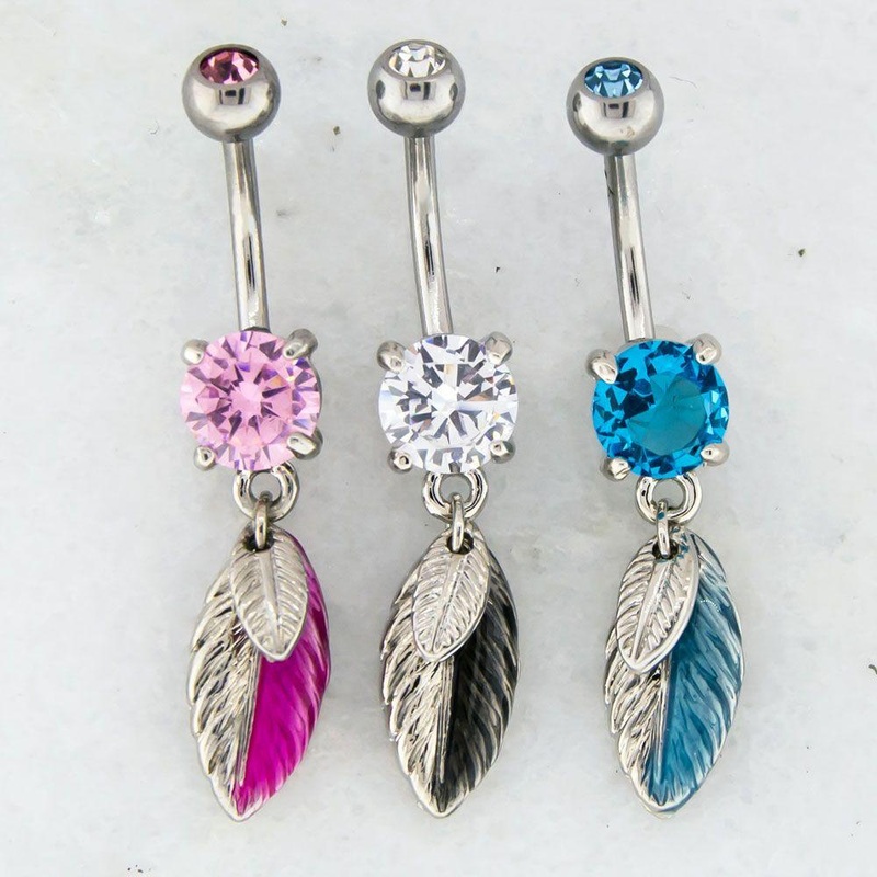 14g Dangle Belly Ring Feather Dangle 14G (1.6mm) Length: 3/8″ (10mm) | Ball-Size: 5mmX8mm Gem: AQUA