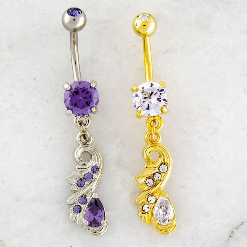 14g Filigree Dangle Gem Dangle Belly Ring 14G (1.6mm) Length: 3/8″ (10mm) | Ball-Size: 5mmX8mm Jewelry: GOLD PVD