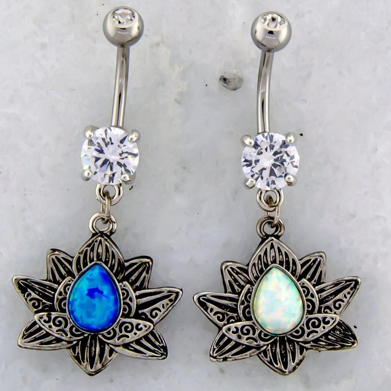 14g Lotus Dangle Belly Ring Opal Center 14G (1.6mm) Length: 3/8″ (10mm) | Ball-Size: 5mmX8mm Gem: BLUE OPAL
