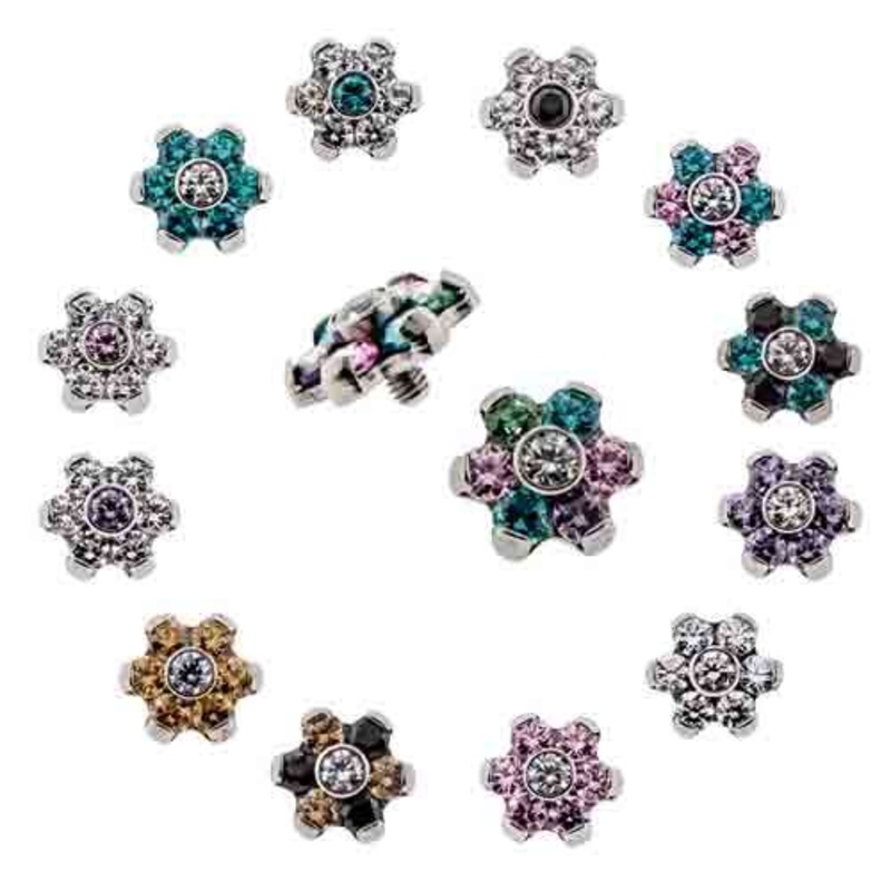 14g Titanium Gem Flowers – 1 Piece 14G (1.6mm) Head Size: 4mm Gem: AMBER/BLACK