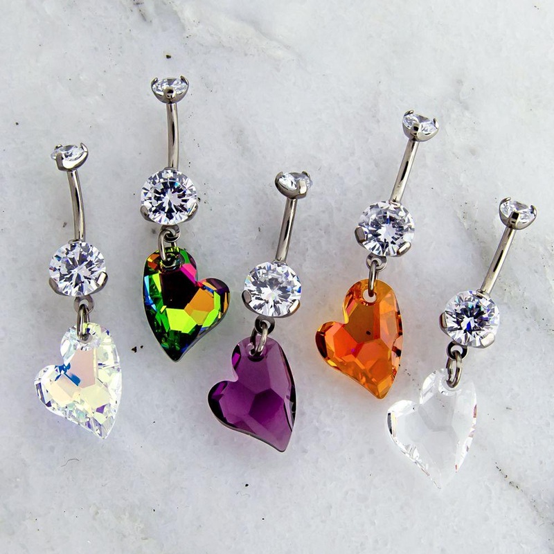 14g Titanium Heart Dangle Belly Ring 14G (1.6mm) Length: 3/8″ (10mm) | Ball-Size: 5mmX8mm Gem: AB