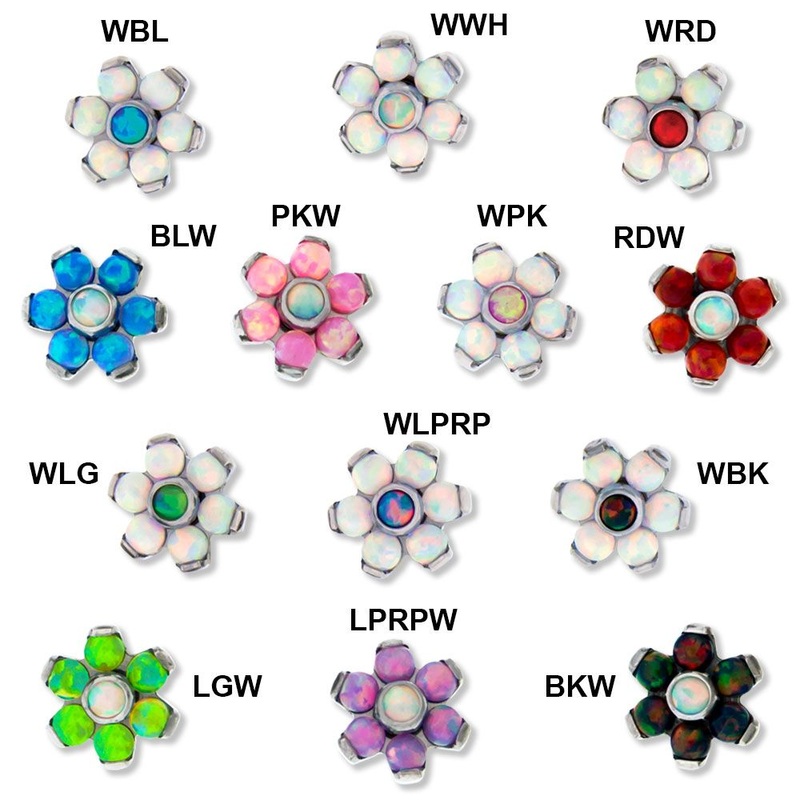 14g Titanium Opal Flowers – 1 Piece 14G (1.6mm) Head Size: 4mm Gem: BLACK/WHITE OPAL