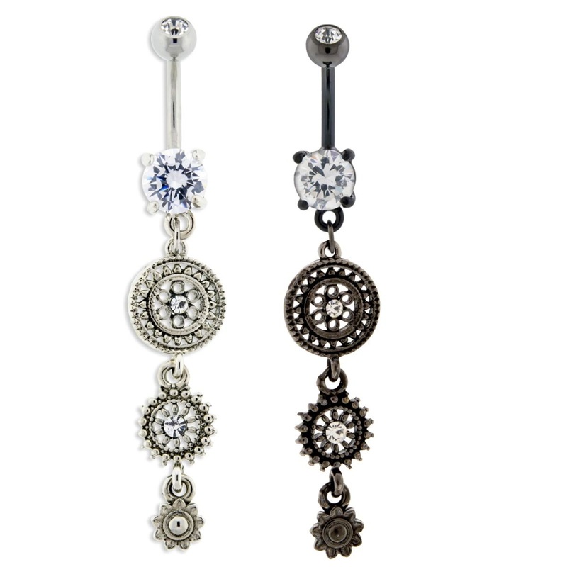 14g Triple Mandala Flower Dangle Belly Ring 14G (1.6mm) Length: 3/8″ (10mm) | Ball-Size: 5mmX8mm Jewelry: BLACK PVD