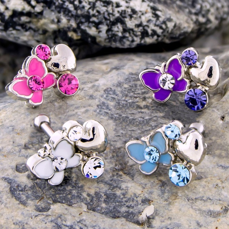 16g Butterfly w/ Heart and Gems Barbell – 1 Piece 16G (1.2mm) Length: 1/4″ (6mm) Gem: AQUA