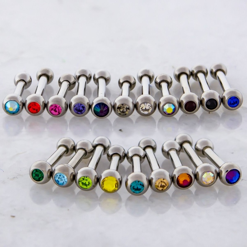 16g Externally Threaded Barbell W/ Gems  – 1 Piece #SPLT#6 16G (1.2mm) Length: 1/4″ (6mm) | Ball-Size: 2.5mmX3mm Gem: AB