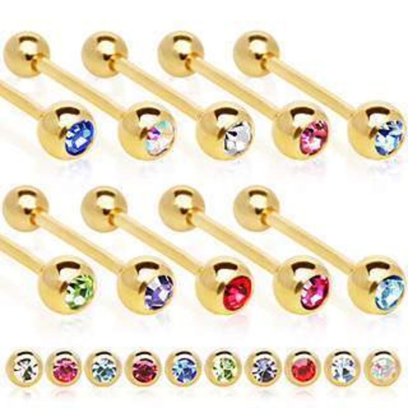 Gold Tongue Barbell w/ a Gem Ball 14G (1.6mm) Length: 5/8″ (16mm) | Ball-Size: 5mm Aqua