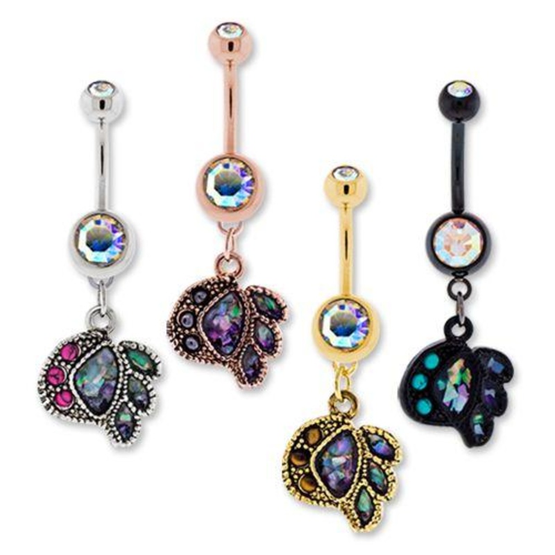 Abalone and Cabochon Dangle Belly Ring 14G (1.6mm) Length: 3/8″ (10mm) | Ball-Size: 5mmX8mm Gem: AB | Jewelry: BLACK PVD