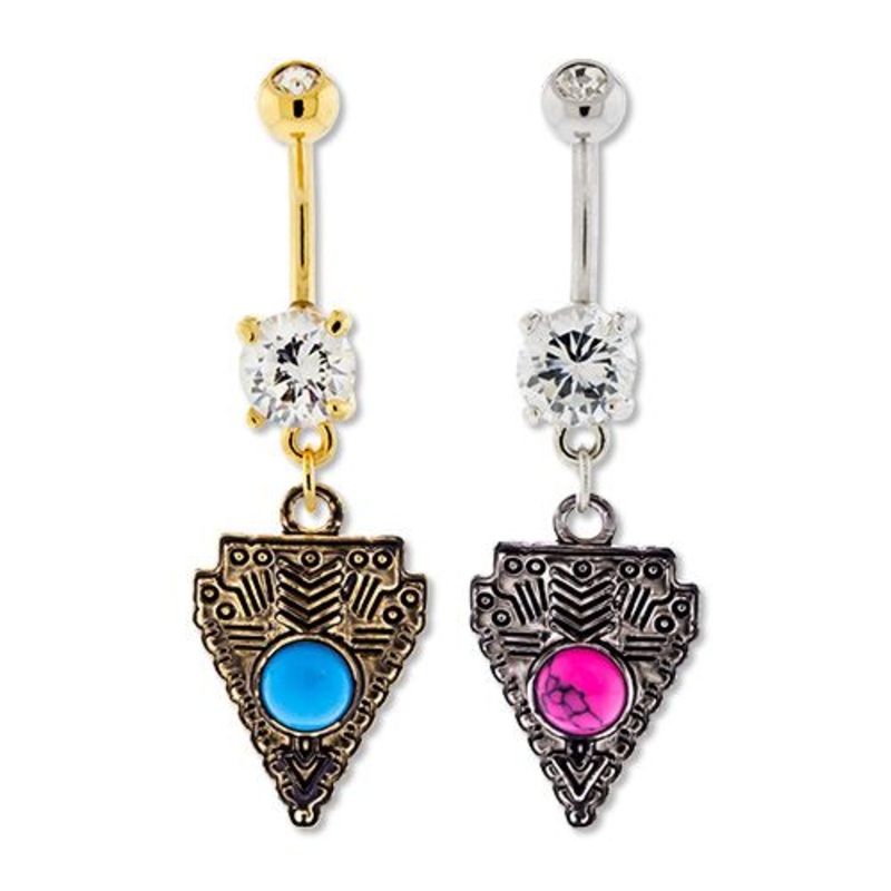 Arrowhead Dangle Belly Ring 14G (1.6mm) Length: 3/8″ (10mm) | Ball-Size: 5mmX8mm Gem: CLEAR | Jewelry: GOLD PVD