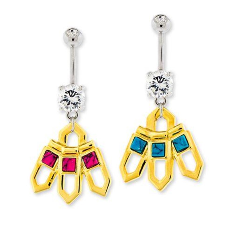 Aztec Inspired Dangle Belly Ring 14G (1.6mm) Length: 3/8″ (10mm) | Ball-Size: 5mmX8mm Gem: PINK DYED HOWLITE | Jewelry: HIGH POLISH