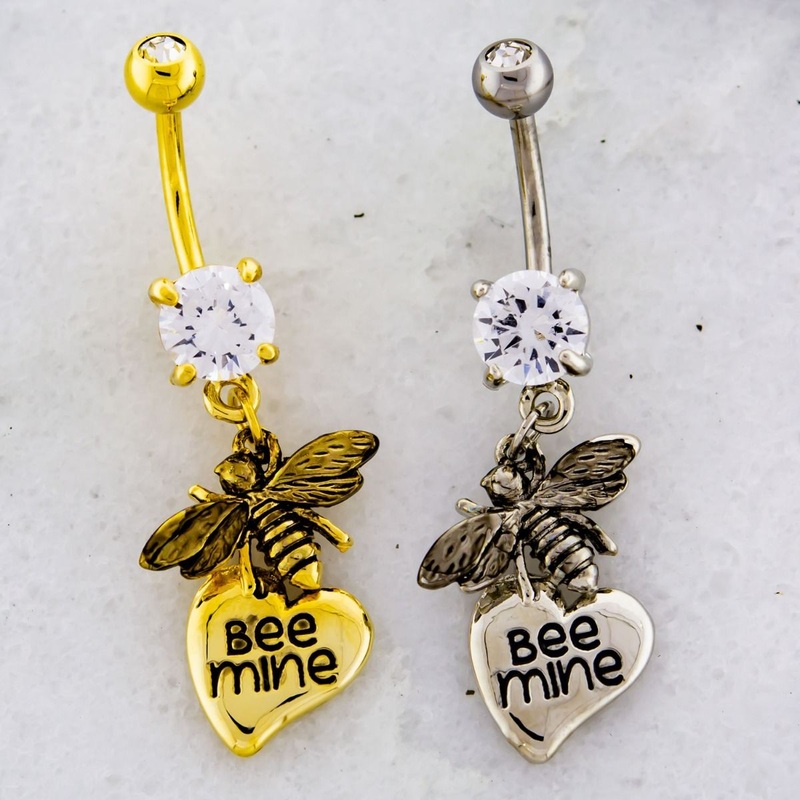 Bee Mine Heart Dangle Belly Ring 14G (1.6mm) Length: 3/8″ (10mm) Jewelry: GOLD PVD