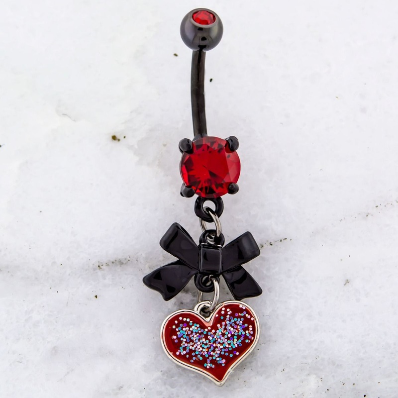 Black Bow and Red Glitter Heart Dangle Belly Ring 14G (1.6mm) Length: 3/8″ (10mm) | Ball-Size: 5mmX8mm