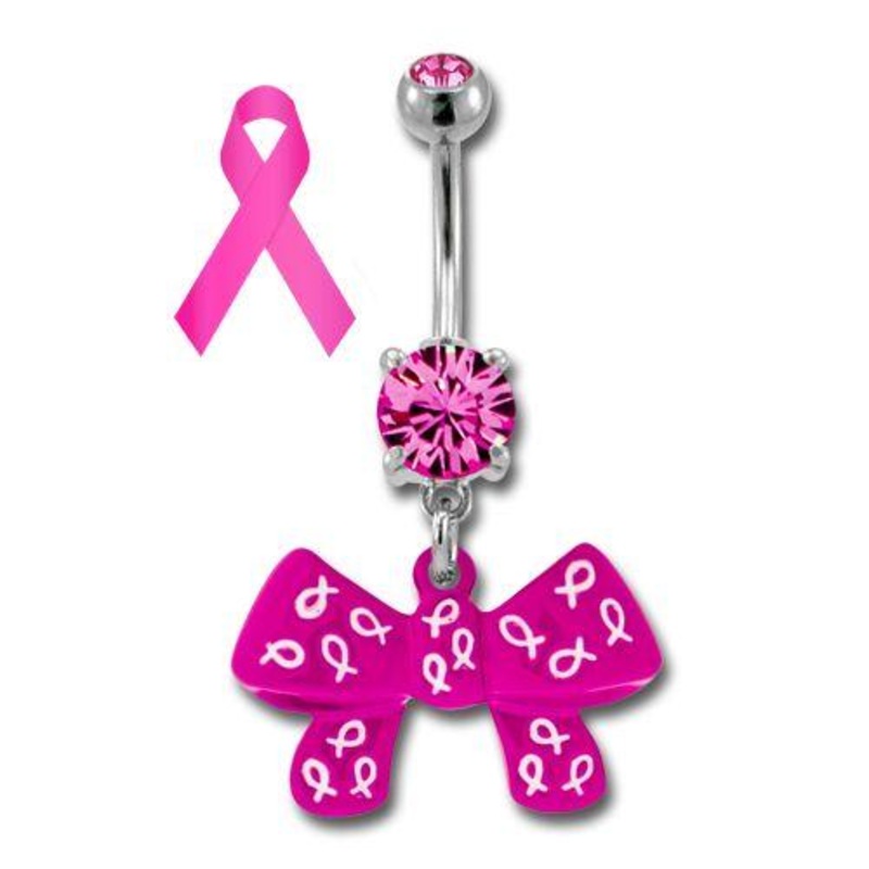 Breast Cancer Awareness Dangle Belly Ring Bow 14G (1.6mm) Length: 3/8″ (10mm) | Ball-Size: 5mmX8mm Gem: PINK | Jewelry: HIGH POLISH