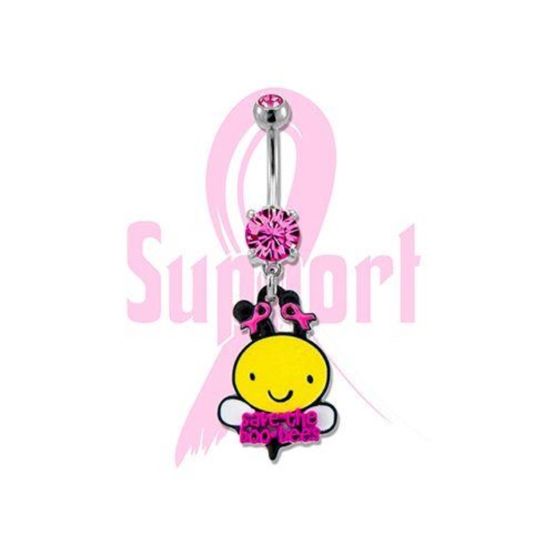 Breast Cancer Awareness Dangle Belly Ring Bumble Bee 14G (1.6mm) Length: 3/8″ (10mm) | Ball-Size: 5mmX8mm Gem: PINK | Jewelry: HIGH POLISH