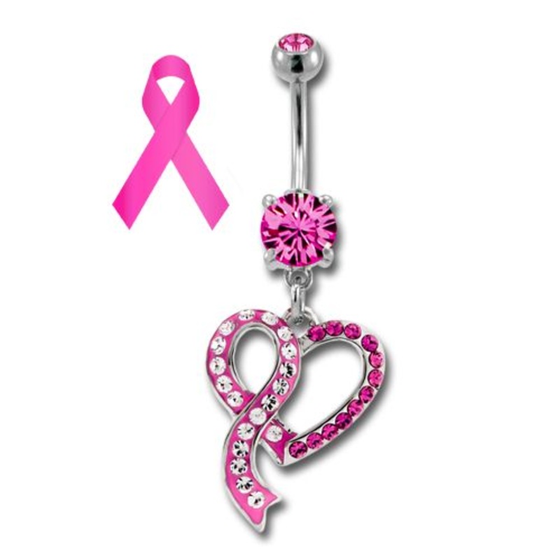 Breast Cancer Awareness Dangle Belly Ring Heart and Ribbon 14G (1.6mm) Length: 3/8″ (10mm) | Ball-Size: 5mmX8mm Gem: PINK | Jewelry: HIGH POLISH