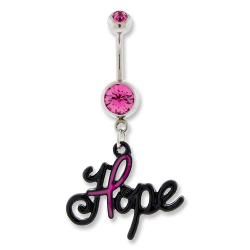 Breast Cancer Awareness Dangle Belly Ring Hope Dangle and Ribbon 14G (1.6mm) Length: 3/8″ (10mm) | Ball-Size: 5mmX8mm Gem: PINK | Jewelry: HIGH POLISH