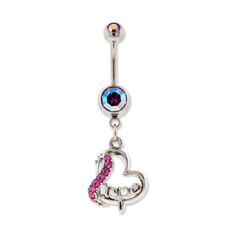 Breast Cancer Awareness Dangle Belly Ring Hope Heart Dangle 14G (1.6mm) Length: 3/8″ (10mm) | Ball-Size: 5mmX8mm Gem: FUCHSIA AB | Jewelry: HIGH POLISH