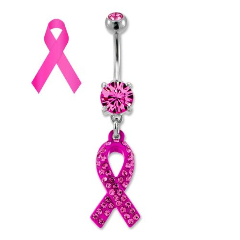 Breast Cancer Awareness Dangle Belly Ring Pink Gem Ribbon 14G (1.6mm) Length: 3/8″ (10mm) | Ball-Size: 5mmX8mm Gem: PINK | Jewelry: HIGH POLISH