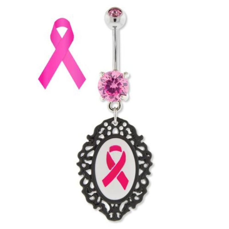 Breast Cancer Awareness Dangle Belly Ring Ribbon in Cameo 14G (1.6mm) Length: 3/8″ (10mm) | Ball-Size: 5mmX8mm Gem: PINK | Jewelry: HIGH POLISH