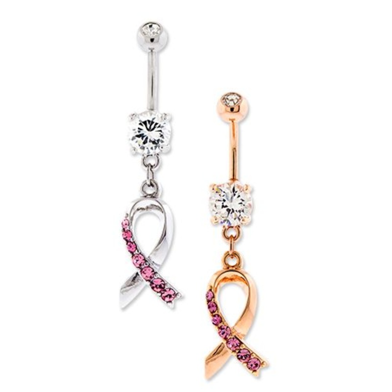 Breast Cancer Awareness Dangle Belly Ring Ribbon Pink Pave Gems 14G (1.6mm) Length: 3/8″ (10mm) | Ball-Size: 5mmX8mm Gem: CLEAR | Jewelry: HIGH POLISH