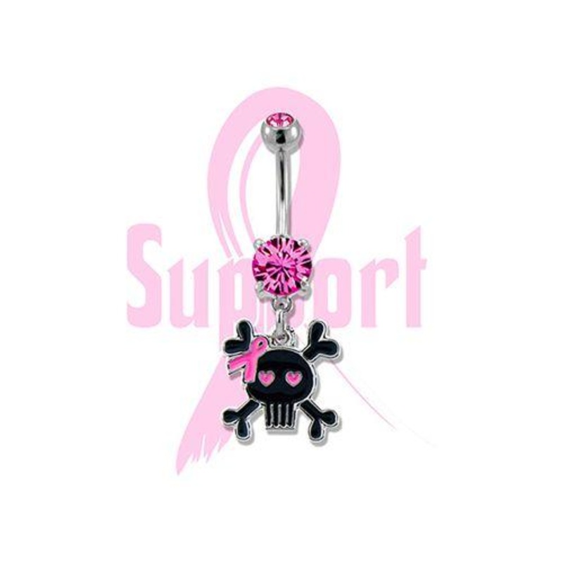 Breast Cancer Awareness Dangle Belly Ring Skull 14G (1.6mm) Length: 3/8″ (10mm) | Ball-Size: 5mmX8mm Gem: PINK | Jewelry: HIGH POLISH