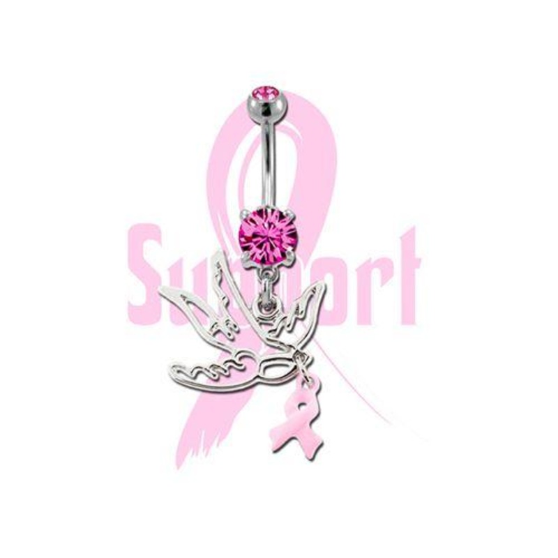Breast Cancer Awareness Dangle Belly Ring Sparrow 14G (1.6mm) Length: 3/8″ (10mm) | Ball-Size: 5mmX8mm Gem: PINK | Jewelry: HIGH POLISH