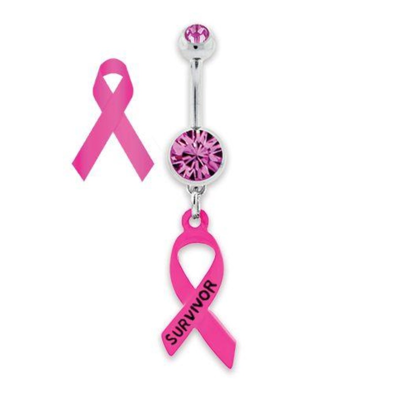 Breast Cancer Awareness Dangle Belly Ring Survivor Ribbon 14G (1.6mm) Length: 3/8″ (10mm) | Ball-Size: 5mmX8mm Gem: PINK | Jewelry: HIGH POLISH