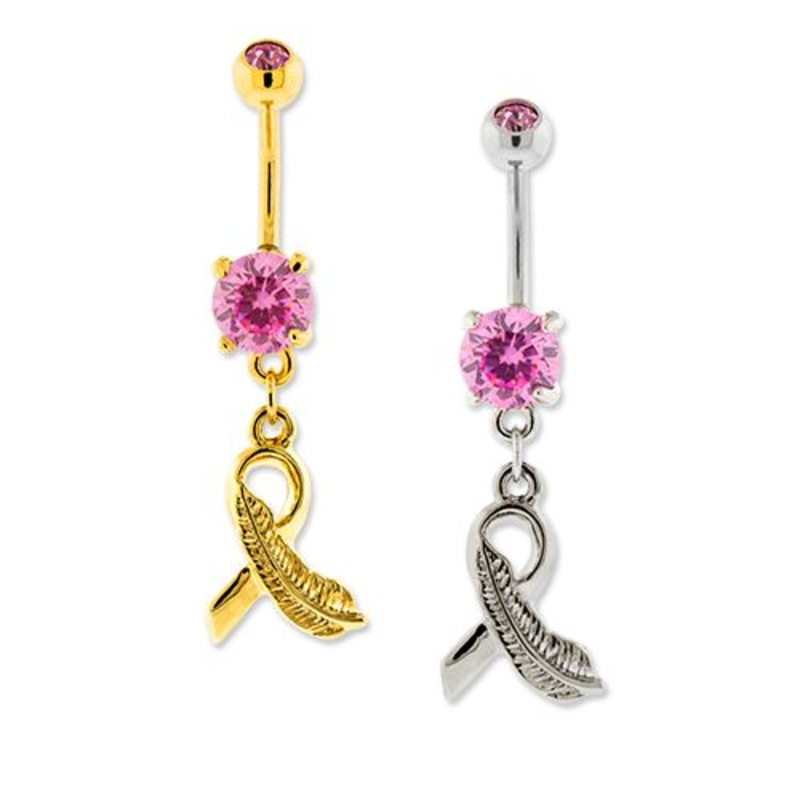Breast Cancer Awareness Ribbon Feather Dangle Belly Ring 14G (1.6mm) Length: 3/8″ (10mm) | Ball-Size: 5mmX8mm Gem: PINK | Jewelry: GOLD PVD
