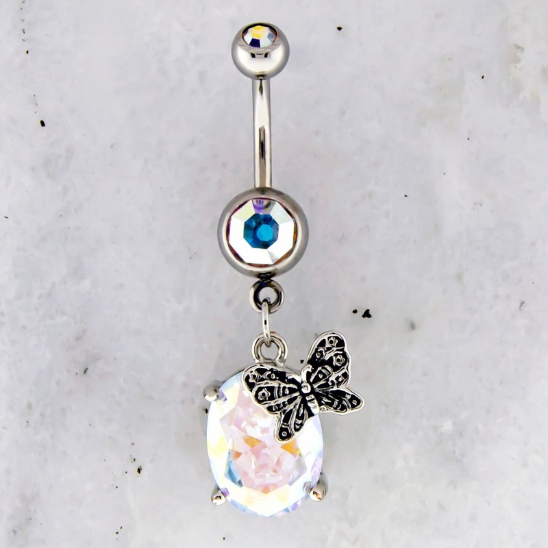 Butterfly Accented Swarovski Dangle Belly Ring 14G (1.6mm) Length: 3/8″ (10mm) | Ball-Size: 5mmX8mm Gem: AB