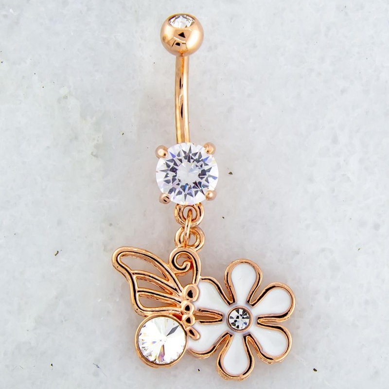 Butterfly and Flower Dangle Belly Ring 14G (1.6mm) Length: 3/8″ (10mm) | Ball-Size: 5mmX8mm Gem: CLEAR | Jewelry: ROSE GOLD PVD