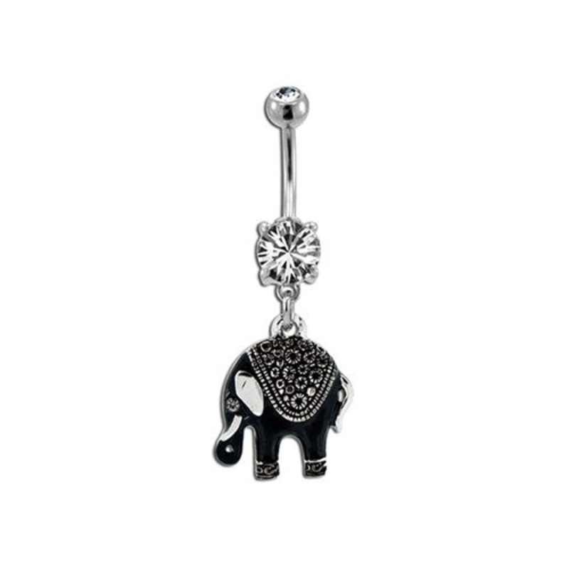 Byzantine Style Eastern Elephant Dangle Belly Ring 14G (1.6mm) Length: 3/8″ (10mm) | Ball-Size: 5mmX8mm Gem: CLEAR | Jewelry: HIGH POLISH