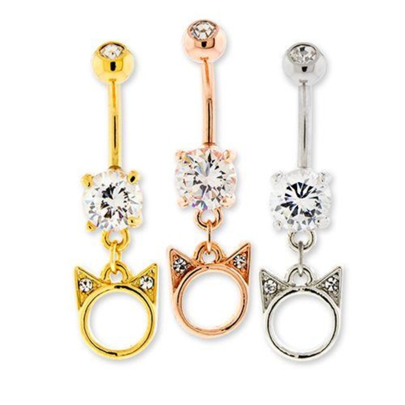 Cat Head Dangle Belly Ring 14G (1.6mm) Length: 3/8″ (10mm) | Ball-Size: 5mmX8mm Jewelry: GOLD PVD