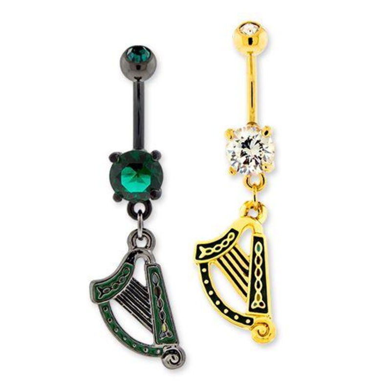 Celtic Harp Dangle Belly Ring 14G (1.6mm) Length: 3/8″ (10mm) | Ball-Size: 5mmX8mm Gem: CLEAR | Jewelry: GOLD PVD
