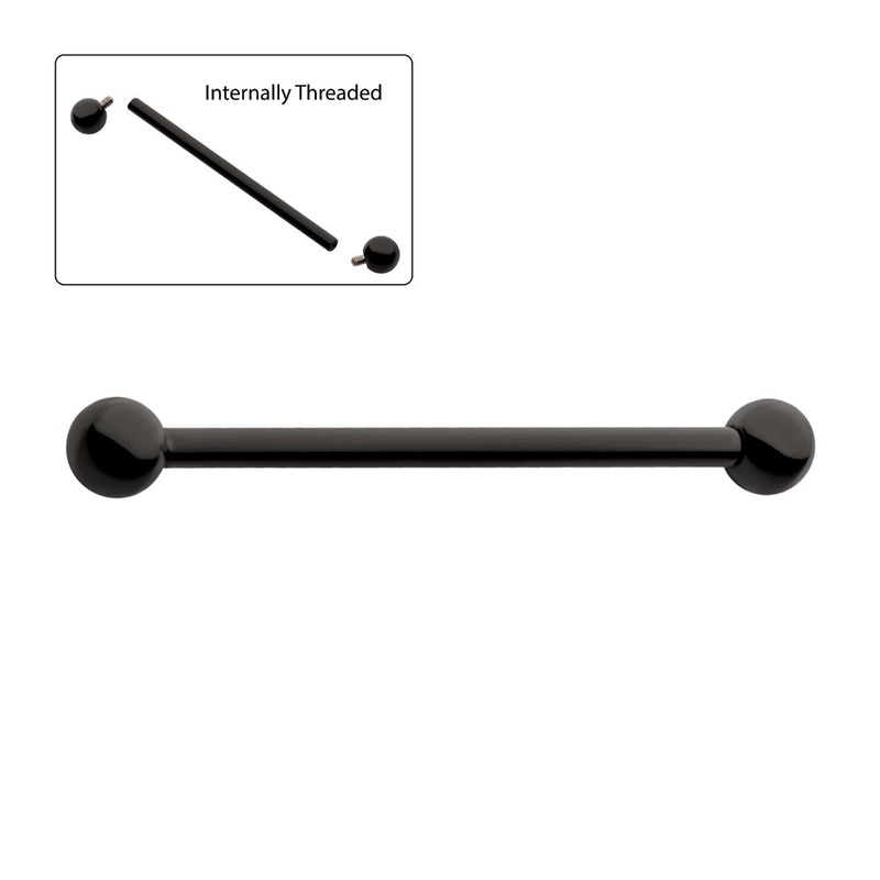 Black PVD Titanium Internally Threaded Industrial Barbell 16G (1.2mm) Length: 1 1/4″ (32mm) | Ball-Size: 3mm