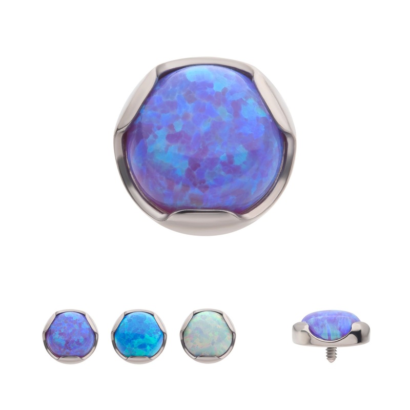 Titanium Internally Threaded 3-Prong Set Opal Low Profile Top 16G (1.2mm) Top: 4mm (DIA) x 2mm (THK), Gem- 3mm Blue Opal