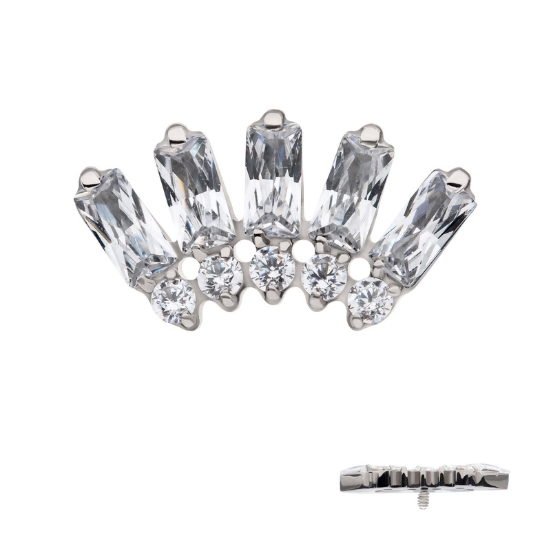 Titanium Internally Threaded Prong Set Baguette Round Gem Fan Shape 5-Cluster Top 16G (1.2mm) Top: 11mm (L) x 6mm (W) x 2mm (THK) Clear