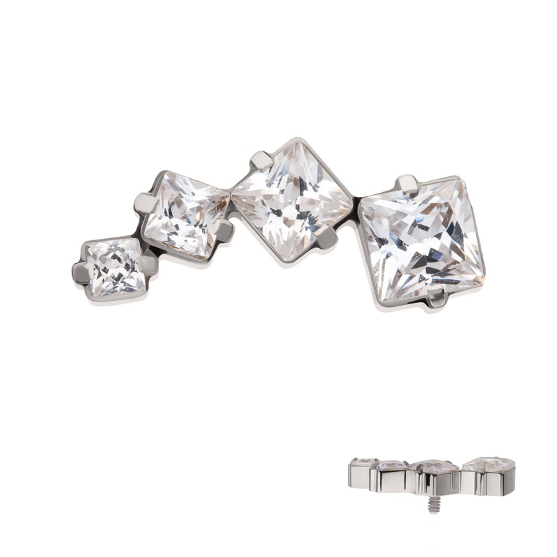 Titanium Internally Threaded Prong Set Princess Cut Gem Staggered 4-Cluster Top 16G (1.2mm) Top: 12mm (L) x 5mm (W) x 2.3mm (THK) Clear