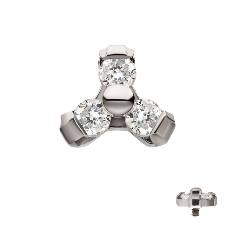 Titanium Internally Threaded Pronged 1.2mm Round CZ Trinity Top 16G (1.2mm) Top: 3.6mm (L) x 3.3mm (W) x 1.6mm (THK) Clear