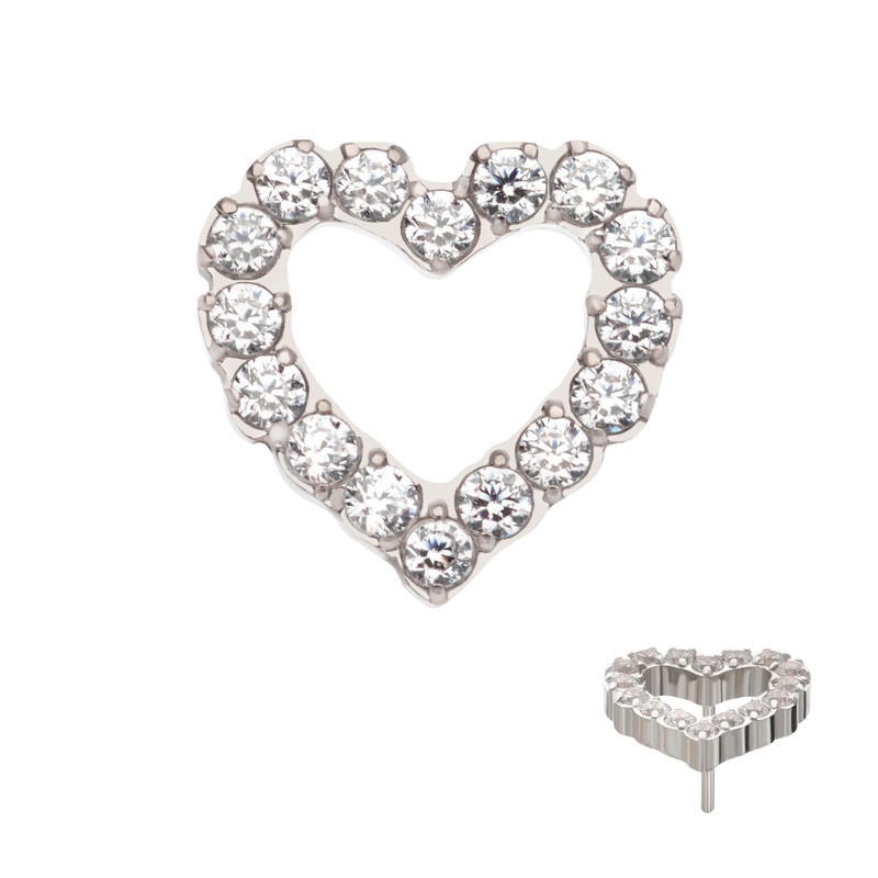 Titanium Threadless Pave Set Gem Hollow Heart Top . Top: 6.7mm (L) x 6.4mm (W) x 1.3mm (THK) Clear