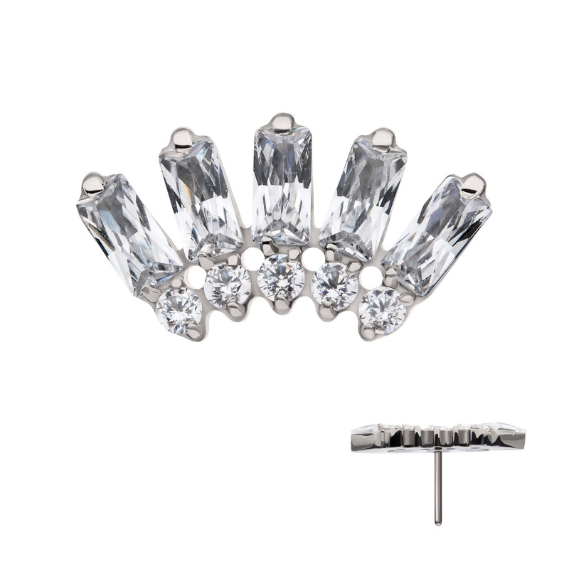 Titanium Threadless Prong Set Baguette Round Gem Fan Shape 5-Cluster Top . Top: 11mm (L) x 6mm (W) x 2mm (THK) Clear