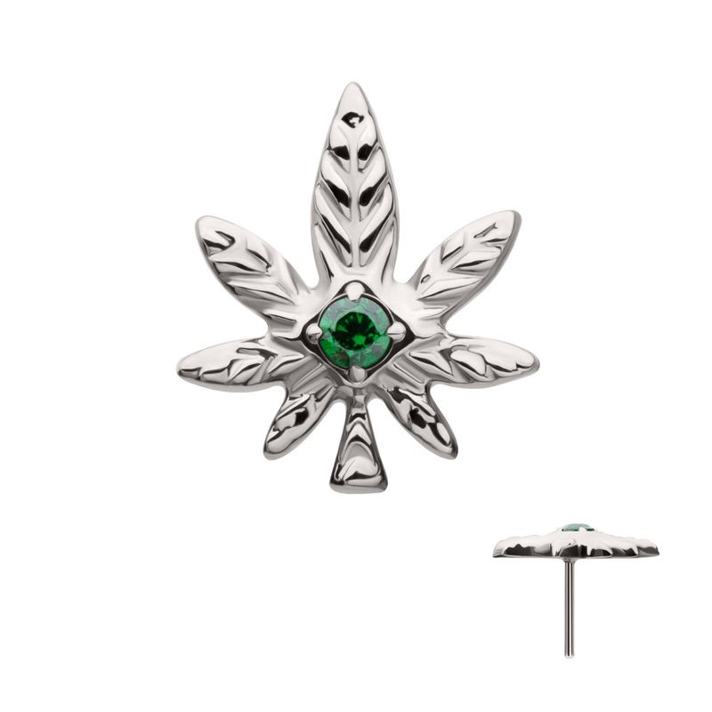 Titanium Threadless Prong Set Emerald Green Gem Pot Leaf Top . Top: 8.5mm (L) x 7.5mm (W) x 1.6mm (THK) Emerald Green